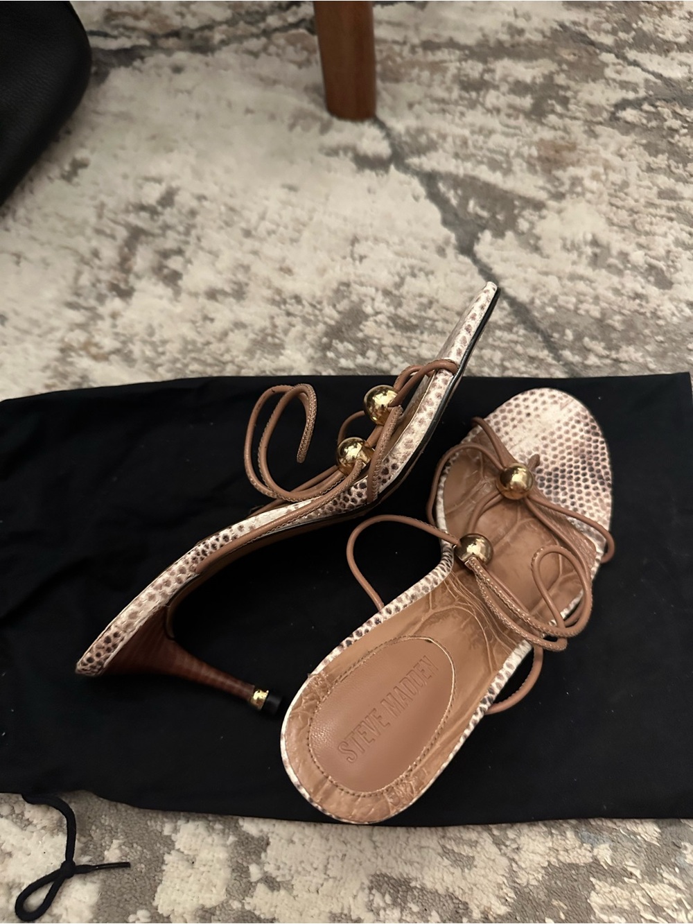 Steve Madden Metallic Tan Snake-Print Strappy Heels with Gold Beads